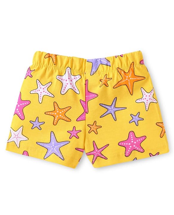 Babyhug Cotton Knit Frill Sleeves Shorts Night Suit with Starfish Print - Yellow