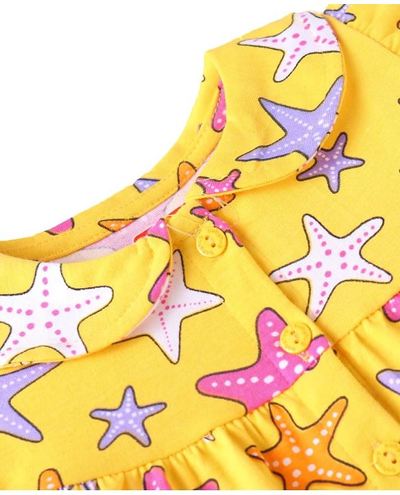 Babyhug Cotton Knit Frill Sleeves Shorts Night Suit with Starfish Print - Yellow