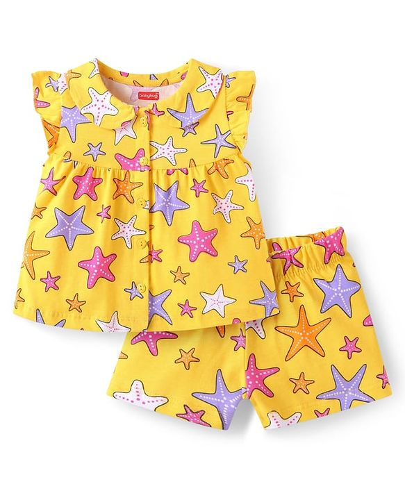 Babyhug Cotton Knit Frill Sleeves Shorts Night Suit with Starfish Print - Yellow