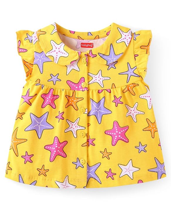 Babyhug Cotton Knit Frill Sleeves Shorts Night Suit with Starfish Print - Yellow