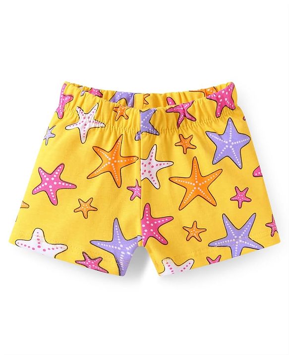 Babyhug Cotton Knit Frill Sleeves Shorts Night Suit with Starfish Print - Yellow