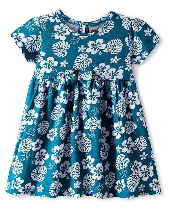 Babyhug Cotton Knit Half Sleeves Frock With Floral Print & Bow Applique - Teal Blue