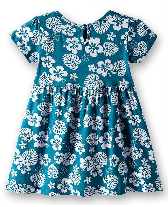 Babyhug 100% Cotton Knit Half Sleeves Frock With Floral Print & Bow Applique - Teal Blue