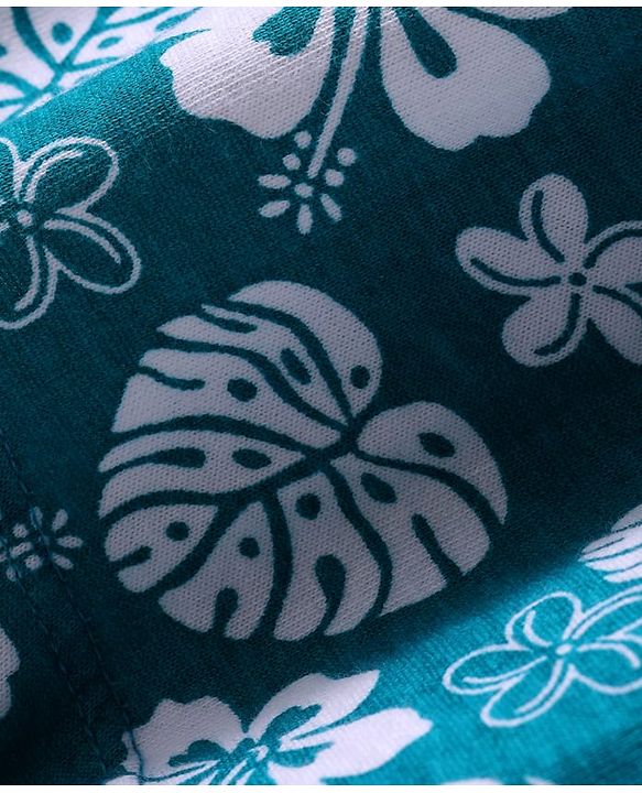 Babyhug 100% Cotton Knit Half Sleeves Frock With Floral Print & Bow Applique - Teal Blue
