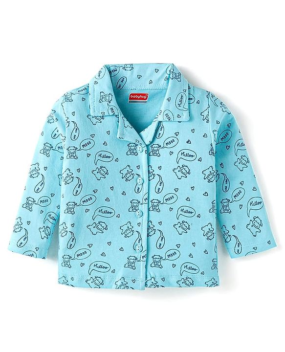 Babyhug Cotton Knit Full Sleeves Front Open Night Suit With Moo Print - Blue