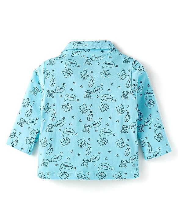Babyhug Cotton Knit Full Sleeves Front Open Night Suit With Moo Print - Blue