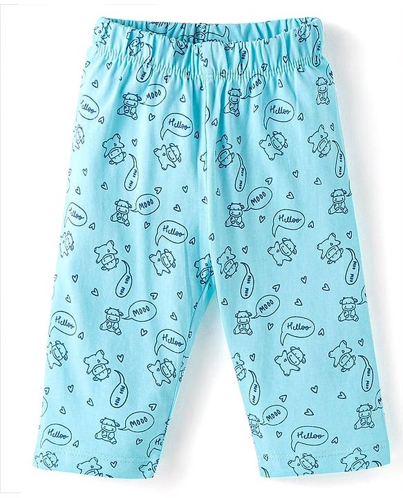 Babyhug Cotton Knit Full Sleeves Front Open Night Suit With Moo Print - Blue