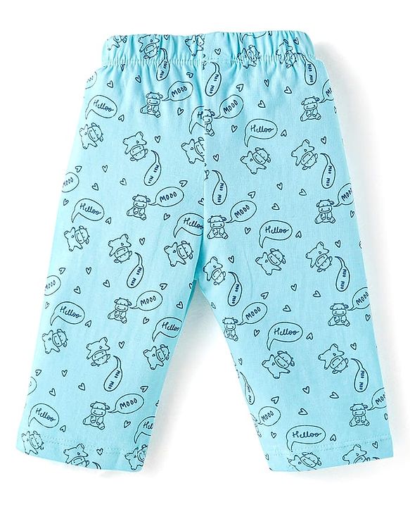 Babyhug Cotton Knit Full Sleeves Front Open Night Suit With Moo Print - Blue