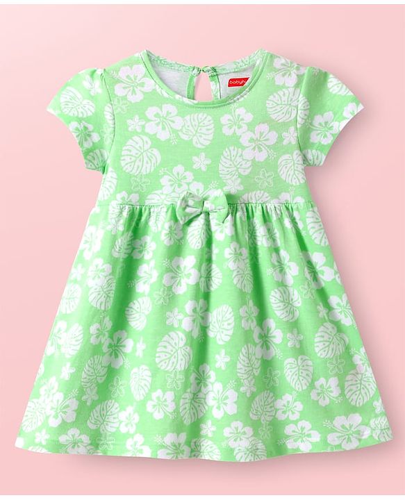Babyhug Cotton Knit Half Sleeves Frock With Floral Print & Bow Applique - Light Green