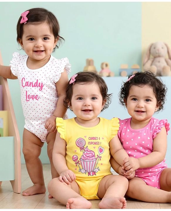 Babyhug 100% Cotton Knit Frill Sleeves Polka Dots & Hear Printed Onesies Pack of 3 - White Dark Pink & Yellow
