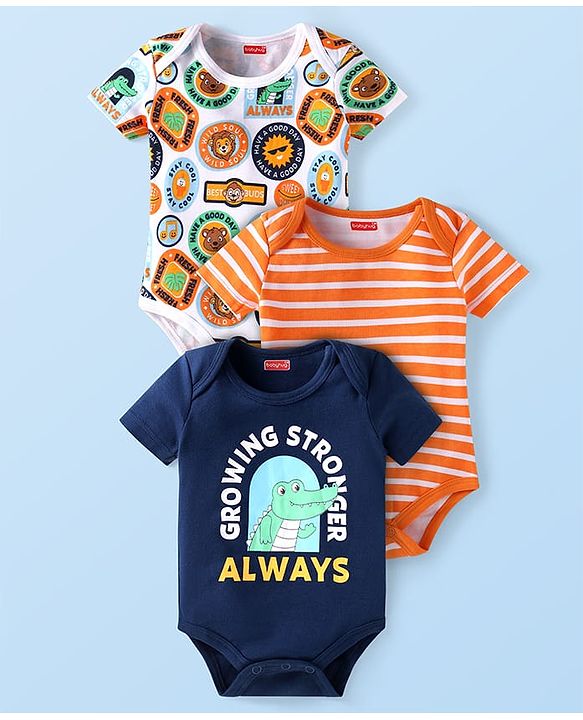 Babyhug Interlock Knit Half Sleeves Onesies With Animal & Text Print Pack of 3 - Navy Blue Orange & White