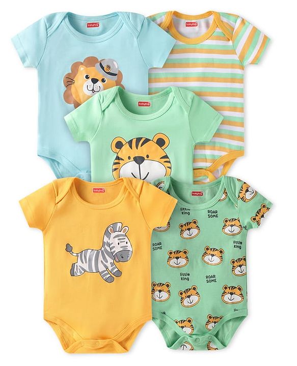 Babyhug 100% Cotton Knit Half Sleeves Striped & Animal Printed Onesies Pack of 5 - Yellow Blue & Green