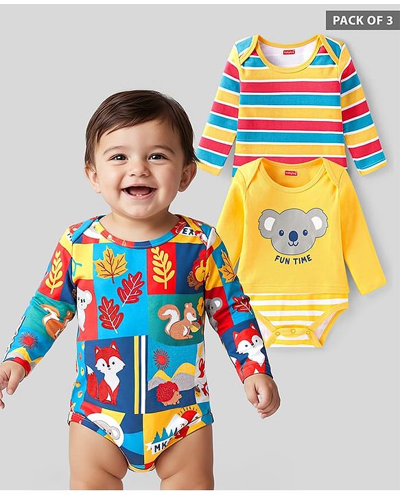 Babyhug Interlock Knit Full Sleeves Onesies With Animal Print Pack of 3 - Yellow Blue & Red