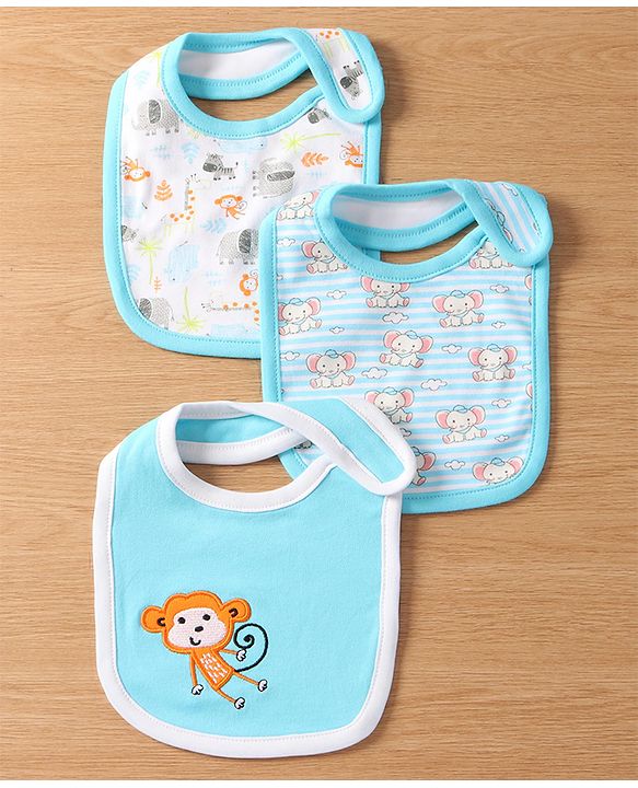Babyhug Interlock Cotton Bibs Monkey Print Pack of 3 - Blue