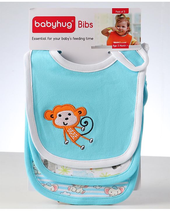 Babyhug Interlock Cotton Bibs Monkey Print Pack of 3 - Blue