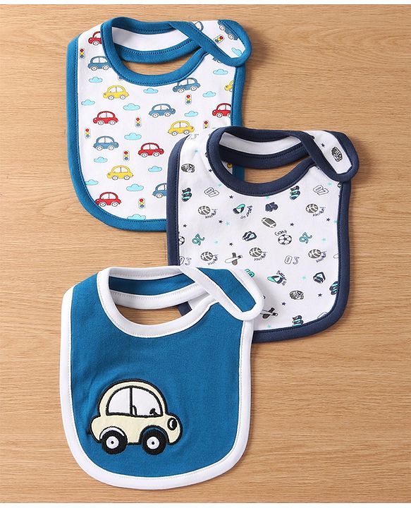 Babyhug Interlock Cotton Bibs Monkey Print Pack of 3 - Blue
