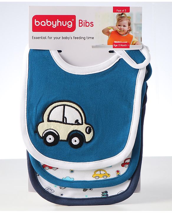Babyhug Interlock Cotton Bibs Monkey Print Pack of 3 - Blue