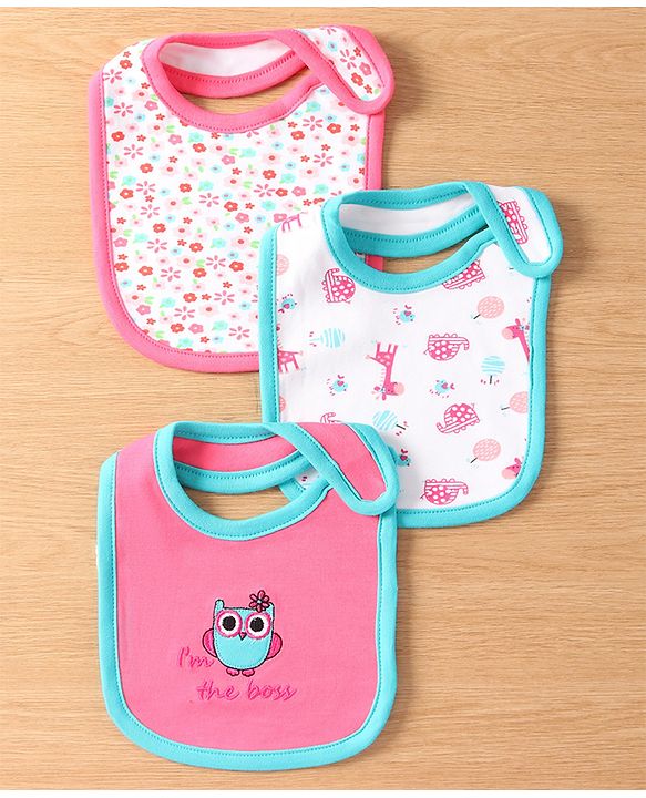 Babyhug Interlock Cotton Bibs Monkey Print Pack of 3 - Blue
