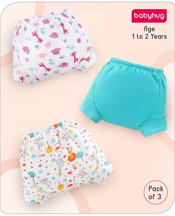 Babyhug 100% Cotton Padded Underwear Training Diapers Animals Print Pack of 3 Size 1 - Multicolor