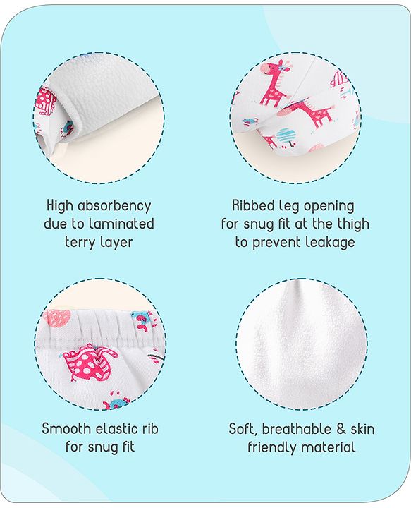Babyhug 100% Cotton Padded Underwear Training Diapers Animals Print Pack of 3 Size 1 - Multicolor