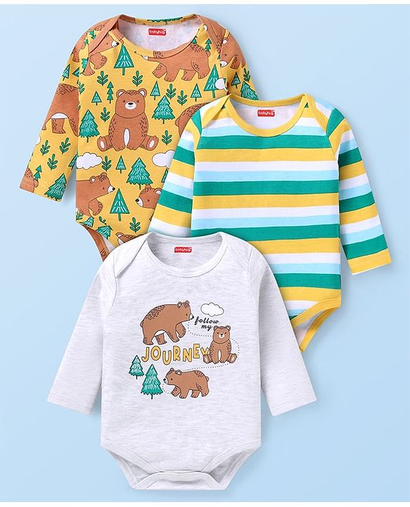 Babyhug Interlock Knit Full Sleeves Striped & Bear Printed Onesies Pack of 3 - Yellow & Light Grey