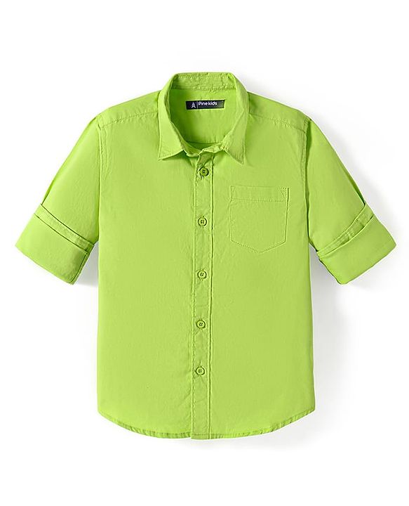 Pine Kids Cotton Woven Full Sleeves Solid Color Shirt - Lime Green