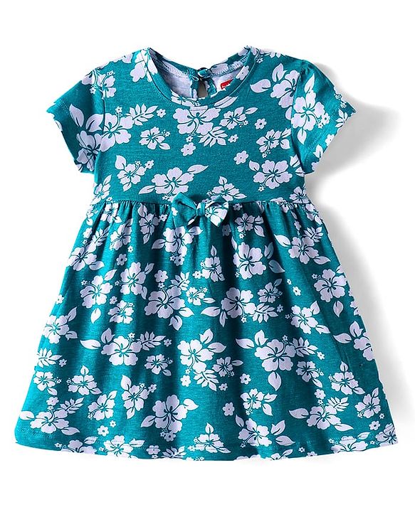 Babyhug Cotton Knit Half Sleeves Frock with Floral Print - Teal Blue
