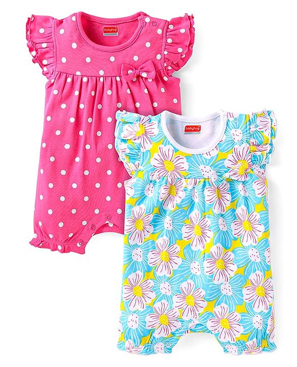 Babyhug Interlock Knit Half Sleeves Rompers With Floral & Polka Dot Print Pack of 2 - Dark Pink & Light Green
