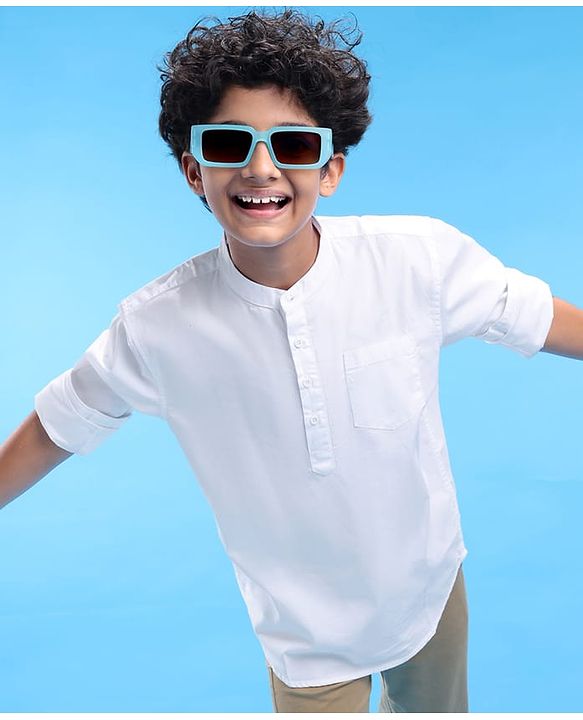Pine Kids Cotton Woven Full Sleeves  Mandarin Collar Solid Shirt - White