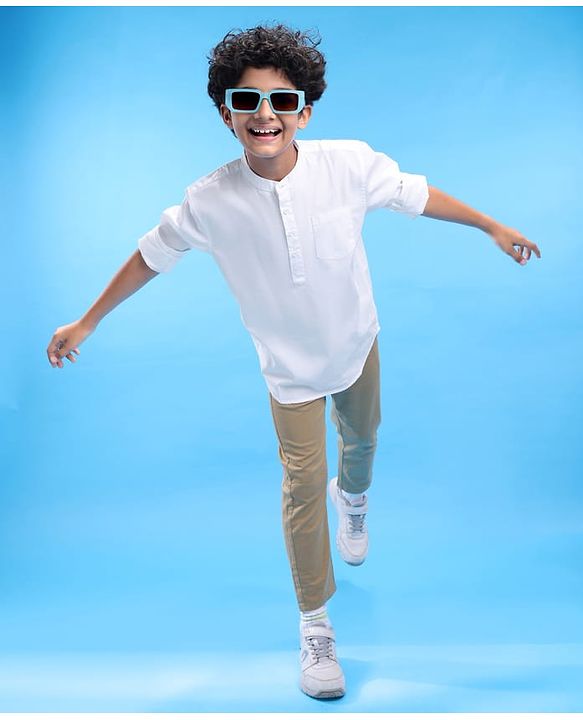 Pine Kids Cotton Woven Full Sleeves  Mandarin Collar Solid Shirt - White