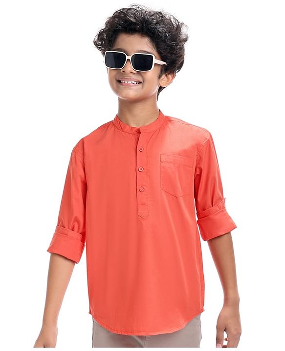 Pine Kids Cotton Woven Full Sleeves  Mandarin Collar Solid Shirt - White