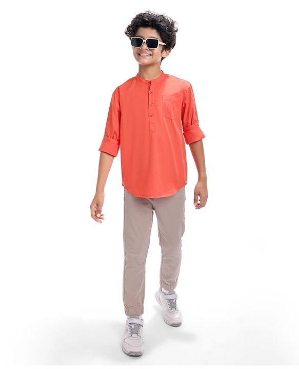 Pine Kids Cotton Woven Full Sleeves  Mandarin Collar Solid Shirt - White