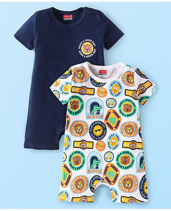 Babyhug Interlock Knit Half Sleeves Rompers With Animal & Text Print Pack of 2 - Navy Blue & White