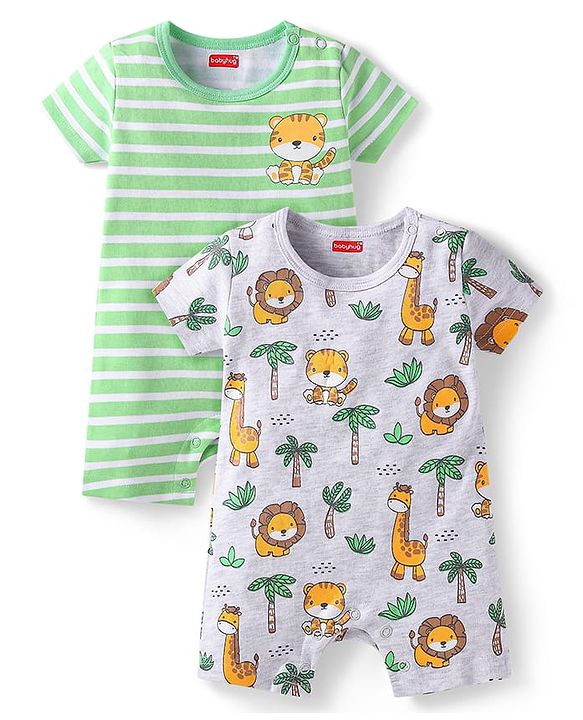 Babyhug Interlock Knit Half Sleeves Striped & Animal Printed Rompers Pack Of 2 - Green & Grey