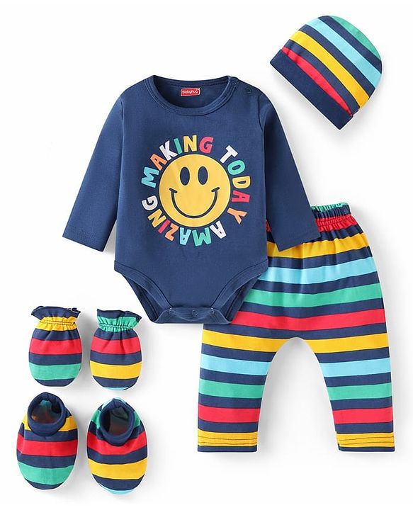 Babyhug 100% Cotton Knit Full Sleeves Smiley Printed Onesie with Striped Leggings Pair of Booties & Mittens with Cap - Navy Blue