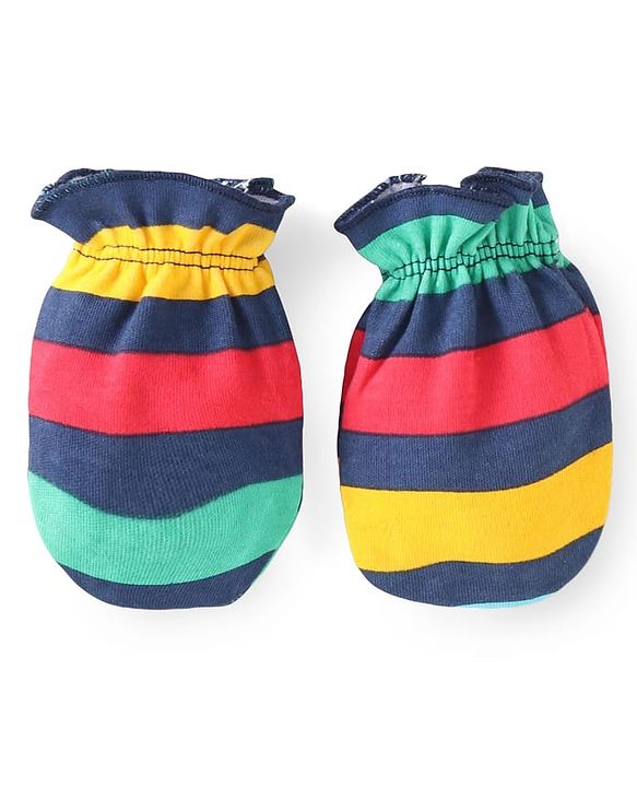 Babyhug 100% Cotton Knit Full Sleeves Smiley Printed Onesie with Striped Leggings Pair of Booties & Mittens with Cap - Navy Blue