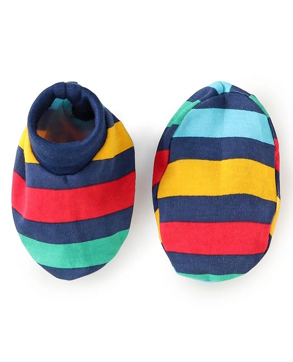 Babyhug 100% Cotton Knit Full Sleeves Smiley Printed Onesie with Striped Leggings Pair of Booties & Mittens with Cap - Navy Blue