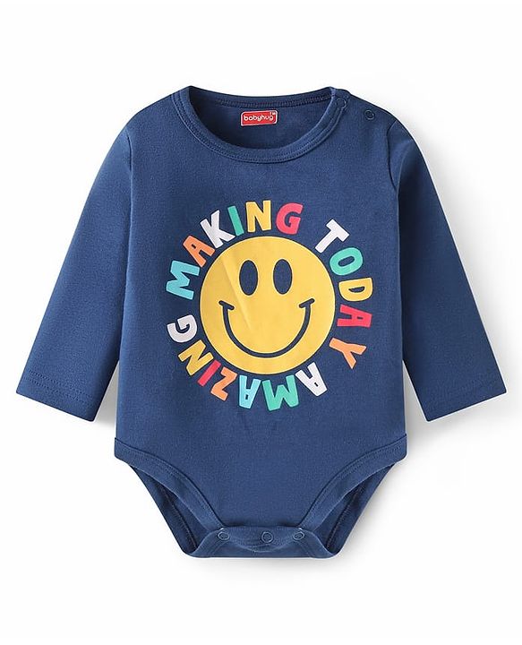 Babyhug 100% Cotton Knit Full Sleeves Smiley Printed Onesie with Striped Leggings Pair of Booties & Mittens with Cap - Navy Blue