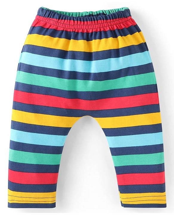Babyhug 100% Cotton Knit Full Sleeves Smiley Printed Onesie with Striped Leggings Pair of Booties & Mittens with Cap - Navy Blue
