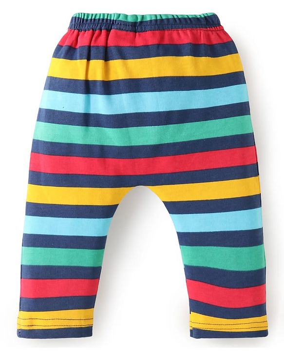 Babyhug 100% Cotton Knit Full Sleeves Smiley Printed Onesie with Striped Leggings Pair of Booties & Mittens with Cap - Navy Blue