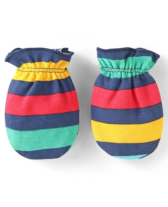Babyhug 100% Cotton Knit Full Sleeves Smiley Printed Onesie with Striped Leggings Pair of Booties & Mittens with Cap - Navy Blue