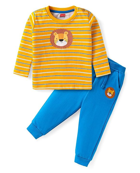 Babyhug Single Jersey Knit Full Sleeves Striped T-Shirt & Joggers Set with Animal Print - Yellow & Blue