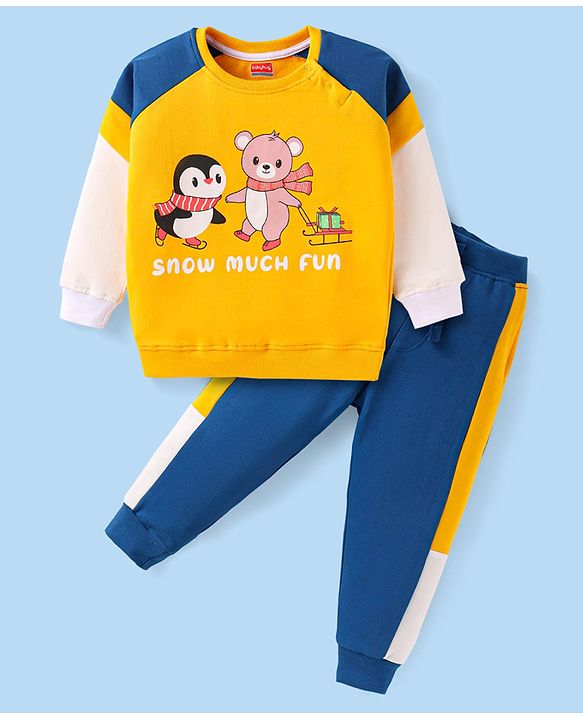 Babyhug Single Jersey Knit Full Raglan Sleeves Cut & Sew T-Shirt & Joggers Set with Animal Print - Yellow & Blue