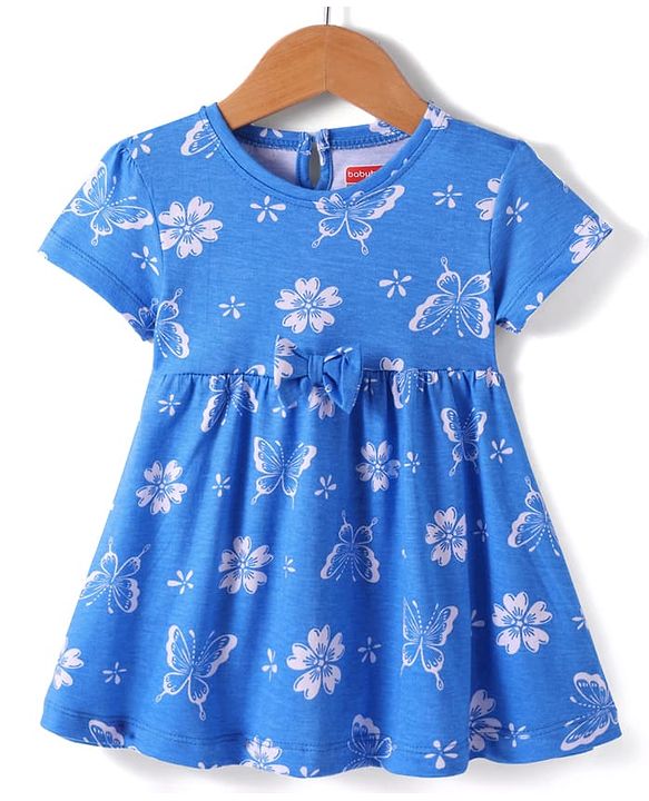 Babyhug Single Jersey Knit Half Sleeves Frock With Floral Print & Bow Applique - Blue