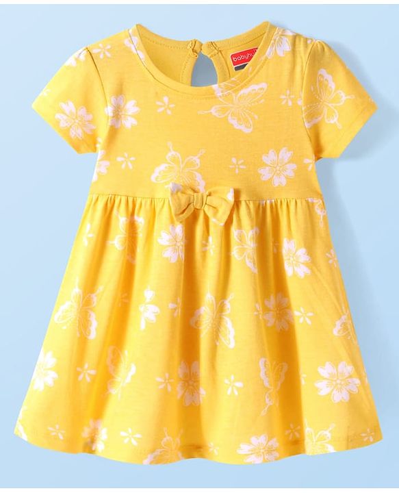 Babyhug Single Jersey Knit Half Sleeves Frock with Floral Print & Bow Applique - Yellow