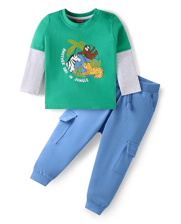 Babyhug Single Jersey Knit Full Doctor Sleeves Animal Printed T-Shirt & Joggers Set with Cargo Pockets - Blue & Light Green
