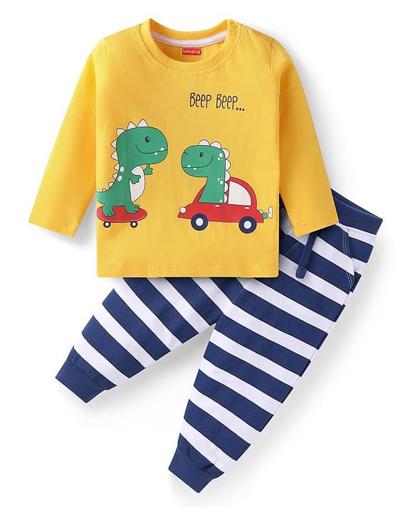 Babyhug Single Jersey Knit Full Sleeves T-Shirt & Lounge Pant Set With Dino Print - Yellow
