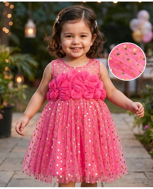 Babyhug Woven Sleeveless Foil Printed Fit & Flared Textured Party Mesh Dress with Floral Appliques on Yoke - Neon Pink