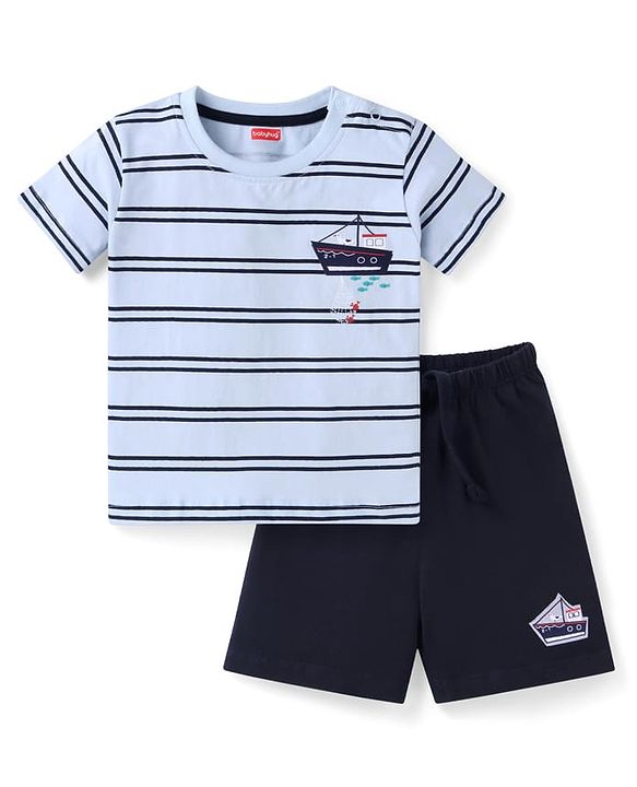 Babyhug  Single Jersey Knit Half Sleeves Striped T-Shirt & Shorts Set with Boat Print - Black