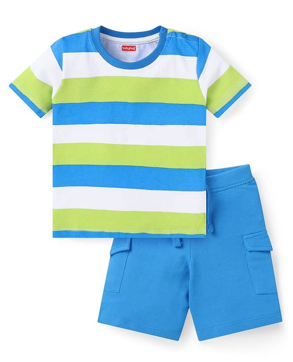 Babyhug Single Jersey Knit Half Sleeves Striped T-Shirt & Shorts Set with Pockets - Light Blue Green & White